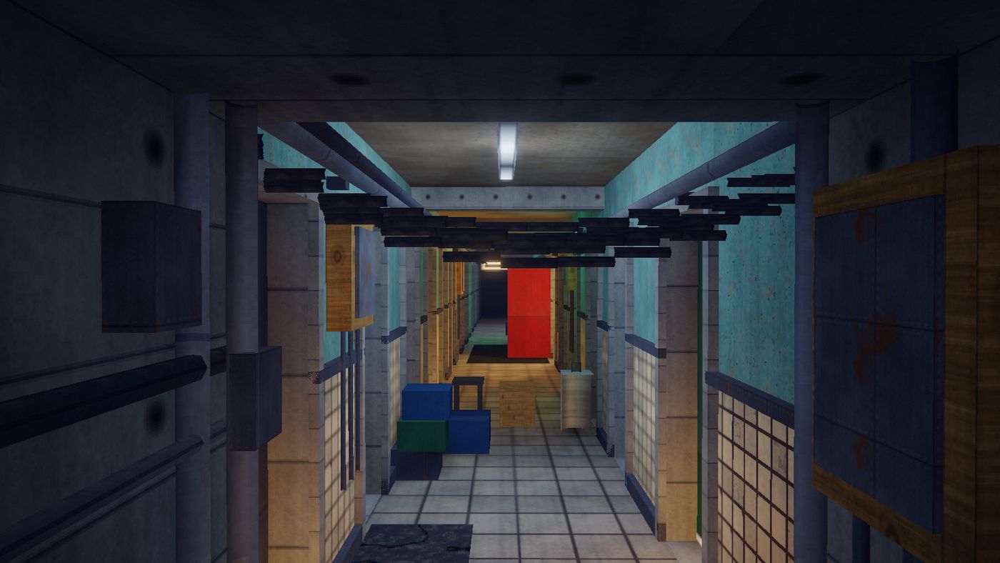 THE SPINE — Eighty metres, forty doors, one working light. This is most of the game.